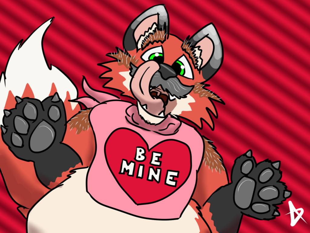 Cavendish licking his lips, wearing a Valentine's bib with a heart that says "BE MINE"